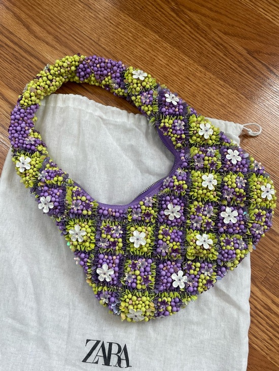 Zara Handbags - ZARA Beaded Floral Mini Bag Purple Green Statement